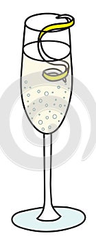 French 75 classic IBA listed cocktail in flute glass. A transparent sparkling wine and gin based drink garnished a twist