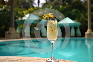 french 75 cocktail with tropical pool backdrop