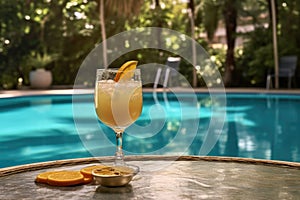 french 75 cocktail with tropical pool backdrop