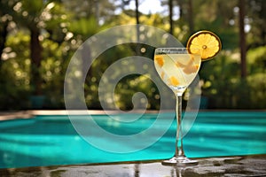 french 75 cocktail with tropical pool backdrop