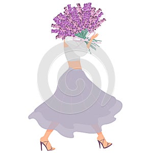 French adventure. Fashion illustration in pastel colors. Romantic design. Girl with lavender flowers