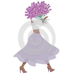 French adventure. Fashion illustration in pastel colors. Romantic design. Girl with lavender flowers