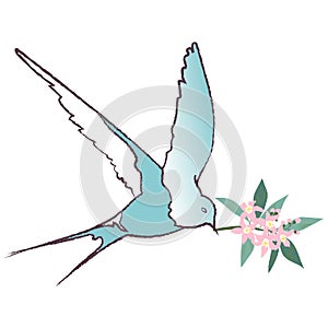 French adventure. Fashion illustration in pastel colors. Romantic design. Pastel bird with flowers