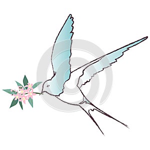 French adventure. Fashion illustration in pastel colors. Romantic design. Pastel bird with flowers