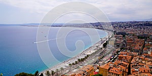 French aerial view to coastline of Nice city in south France