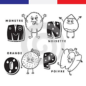 French alphabet. Monster, hazelnuts, orange, pepper. Vector letters and characters.