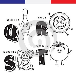 French alphabet. Skittles, wheel, mouse, tomato. Vector letters and characters