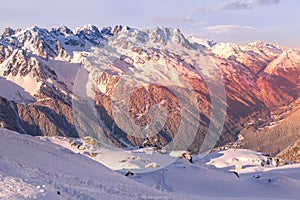 French Alps aerial sunset view, France