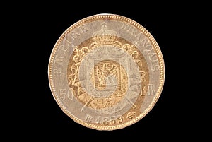 French ancient gold coin. 50 francs. Reverse