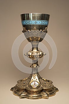 French antique Eucharist Mass Chalice Silver Gold plated with filigree and hand painted medallion of Crucifixion Latin text