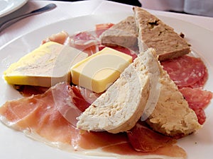 French appetizer platter, foi gras and parma ham