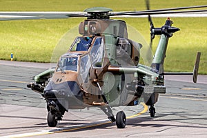 French Army Eurocopter Airbus EC-665 Tiger attack helicopter at the Paris Air Show. France - June 21, 2019