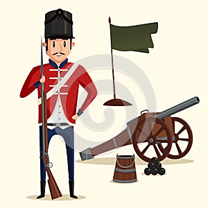 French army soldier with musket near cannon