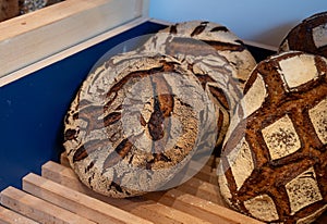 French artisan bakery in Bordeaux, rye and wheat bread and baguettes, France