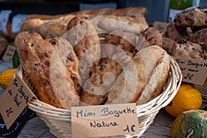 French food, artisan smoked meat sausages from pork on weekly marken in Belgian Durbuy small town photo