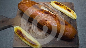 French baguette bread sliced ??with banana slices