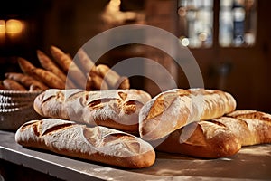 French baguette breads on counter in a French bakery shop