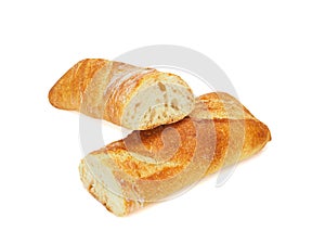 French baguette cut in half isolated on white