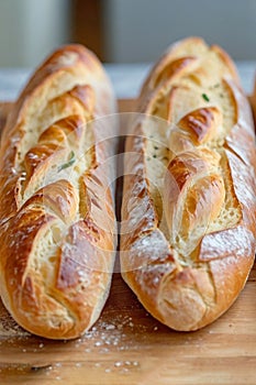 French baguette on kitchen table stock photo of traditional