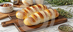 French baguette on rustic wooden kitchen table stock photo for food concepts and bakery themes