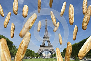 French Baguettes Flying at Eiffel Tower Paris France