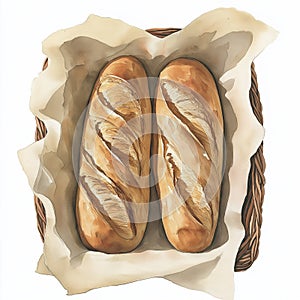 French baguettes on kraft paper in a basket on a white background photo