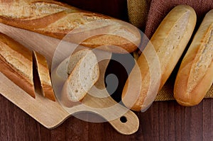 French baguettes on the table top view stock images