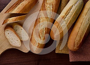 French baguettes on the table top view stock images