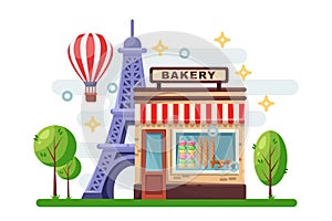 French bakery with macarons, croissant on shop-window. Paris cityscape with Eiffel tower and cafe. Vector illustration.