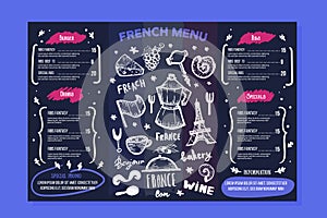 French bakery menu design on chalkboard, france frame, doodle hand drawn croissant, paris decoration, cafe banner