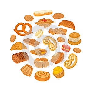 French Bakery and Pastry Round Composition Design with Sweet Dough Products Vector Template