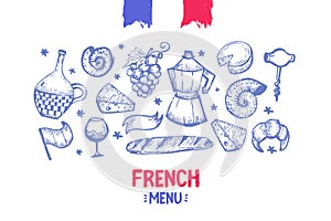 French banner design with flag, france frame, doodle hand drawn croissant, paris decoration, cafe banner