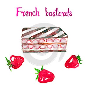 French bastard, Strawberry millefeuille Millefeuille fraise isolated on white hand painted watercolor
