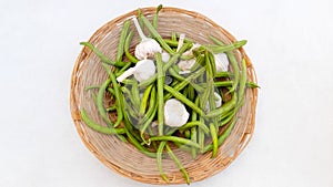 French Beans, Green Chilli And Garlic Lying In The Basket. Fresh Vegetables.