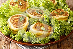 French Beef pastry snails Fleischschnacka serve with lettuce close-up in a plate. Horizontal