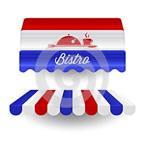 French bistro awnings in colors of the french flag. Vector illustration