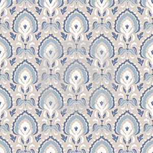 French blu paisley shabby damask vector texture background. Antique white blue buta seamless pattern. Hand drawn floral