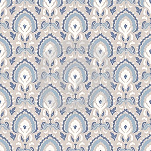 French blu paisley shabby damask vector texture background. Antique white blue buta seamless pattern. Hand drawn floral photo
