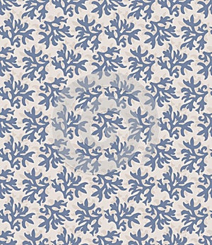 French blu shabby chic damask vector texture background. Antique ecru blue flourish seamless pattern. Hand drawn ornate