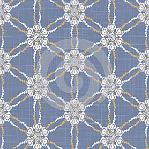 French blu shabby chic damask vector texture background. Antique white blue heart seamless pattern. Hand drawn floral