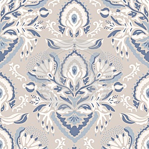 French blu shabby chic damask vector texture background. Antique white blue heart seamless pattern. Hand drawn floral