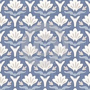 French blu shabby chic damask vector texture background. Antique white blue heart seamless pattern. Hand drawn floral