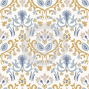 French blu shabby chic damask vector texture background. Antique white yellow blue seamless pattern. Hand drawn floral
