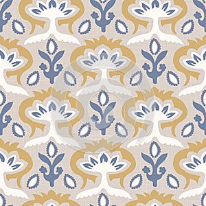 French blu shabby chic damask vector texture background. Antique white yellow blue seamless pattern. Hand drawn floral