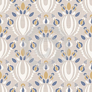 French blu shabby chic damask vector texture background. Antique white yellow blue seamless pattern. Hand drawn floral