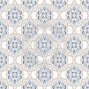 French blu shabby chic damask vector texture background. Antique white yellow blue seamless pattern. Hand drawn floral