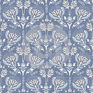 French blu shabby chic damask vector texture background. Antique white yellow blue seamless pattern. Hand drawn floral