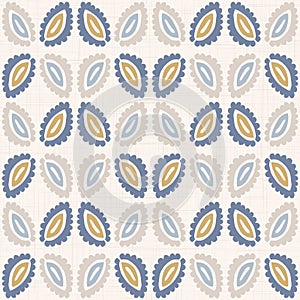 French blu shabby chic leaf damask vector texture background. Antique white yellow blue seamless pattern. Hand drawn