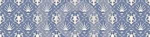 French blue damask shabby chic floral linen vector texture border background. Pretty flourish flower banner seamless