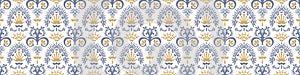 French blue damask shabby chic floral linen vector texture border background. Pretty flourish flower banner seamless